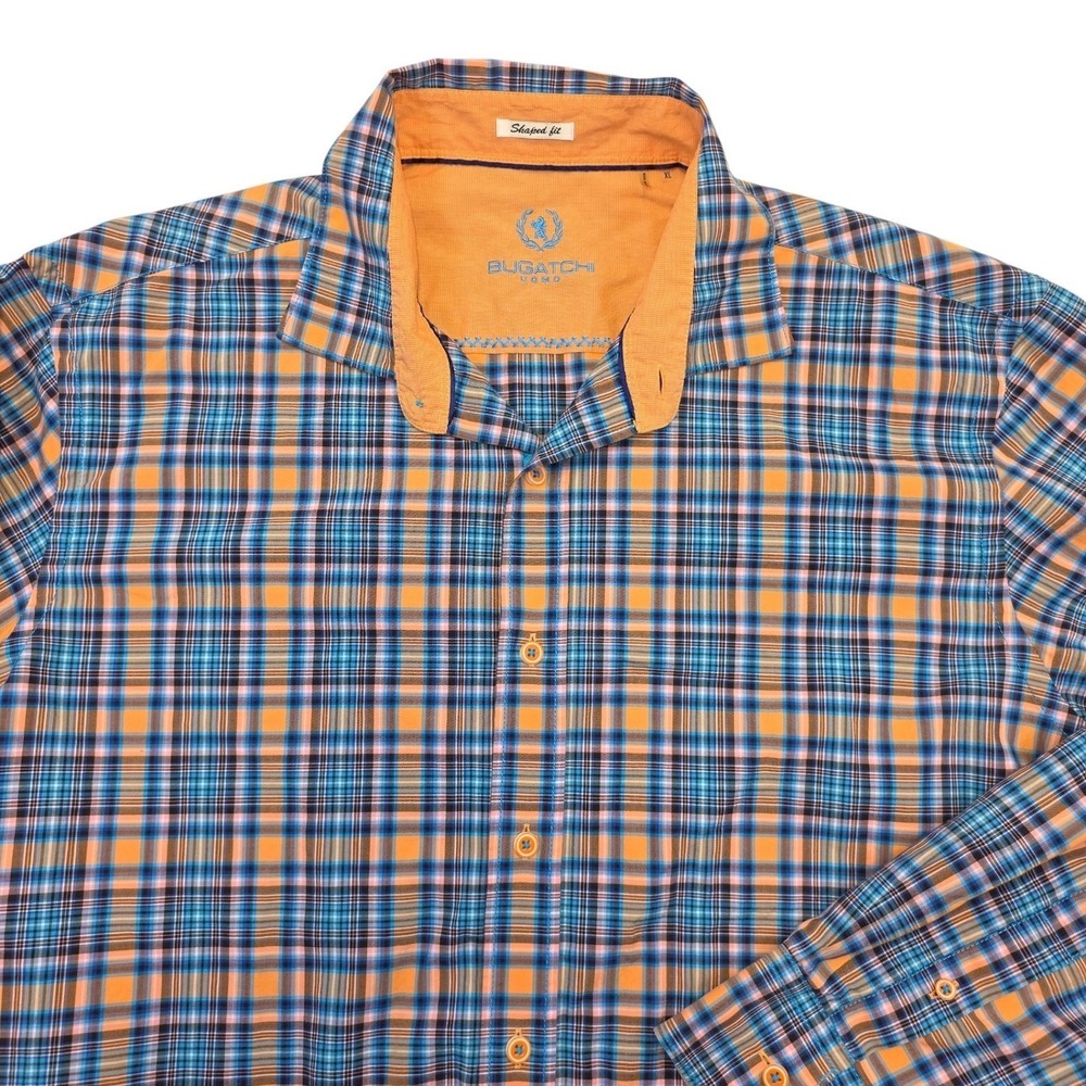 Bugatchi Uomo Blue Orange Plaid Cotton Shaped Fit Button Down Shirt XL Preppy